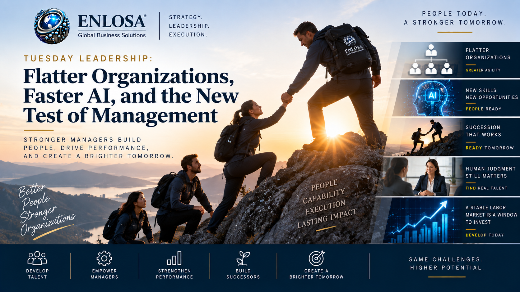Featured visual for Tuesday Leadership: Flatter Organizations, Faster AI, and the New Test of Management