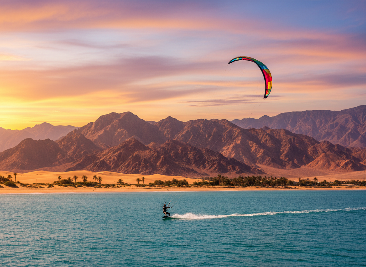 A kiteboarder riding a blue bay at sunset with a colorful kite, desert mountains and a sandy beach behind, wide landscape photo