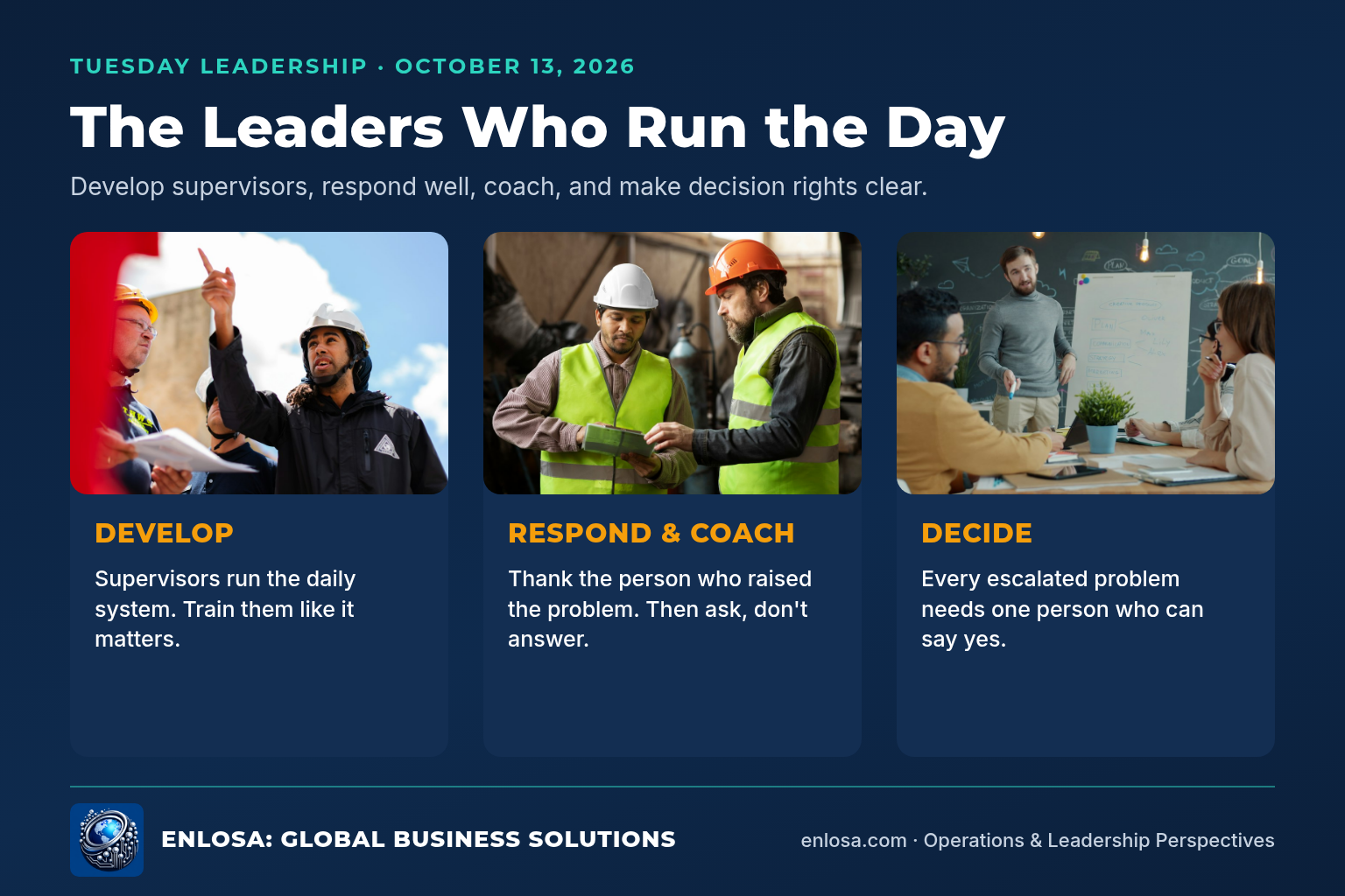 Tuesday Leadership: The Leaders Who Run the Day. Develop Supervisors, Respond Well, Coach, and Clarify Decision Rights